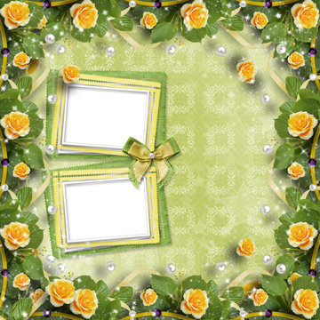 Beautiful greeting card with bouquet of yellow roses, ribbons