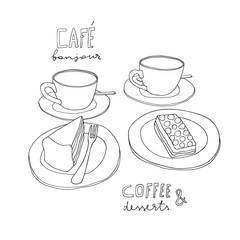 Coffee and cakes doodle line art on the white background
