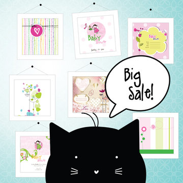 Big spring sale. Cat character. Gallery. Background template. Design elements. Pictures.