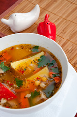 Beef Soup With Vegetables in a white plate