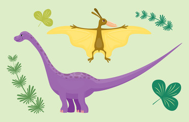 Cartoon dinosaur pterodactyl diplodocus vector illustration isolated monster animal dino prehistoric character reptile predator jurassic comic fantasy dragon