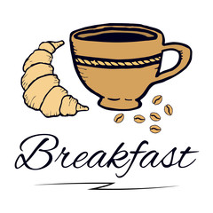 Breakfast. Coffee Cup, croissant, coffee bean. Vector isolated illustration. For cafes, shops, web, print.