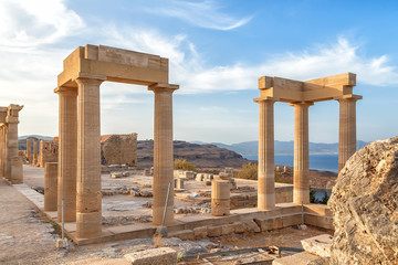 Fototapeta premium Ancient column in Acropolis of Lindos. Rhodes, Dodecanese Islands, Greece, Europe