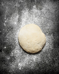 Dough background. Fresh dough with sifted flour on a rustic background.