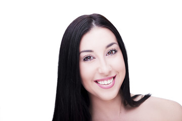 Beautiful woman smiling face close up studio on white background