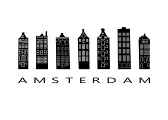 Fototapeta premium An illustration of a row of typical dutch canal houses in Amsterdam, the Netherlands. Stylized facades of old buildings.