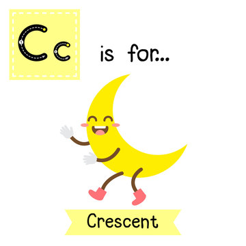 Letter C cute children colorful geometric shapes alphabet tracing flashcard of Crescent for kids learning English vocabulary.