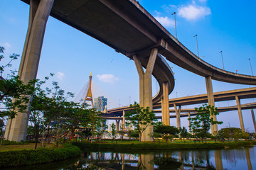 Modern city traffic of highway and bridge to sky