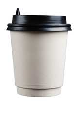 White cardboard cup with black lid isolated