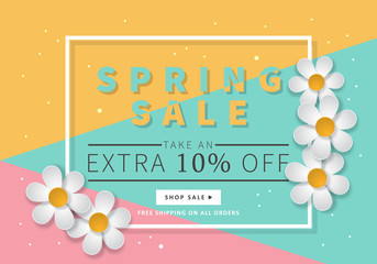 Spring sale banner template for social media and mobile apps with paper daisy flowers and colorful background. Vector illustration