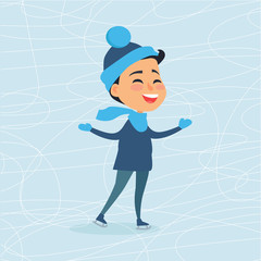 Cartoon Smiling Male Person on Icerink in Winter