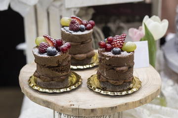 small naked cakes with chocolate layers and fruits