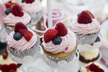  cupcakes with buttercream and strawberries and blueberries