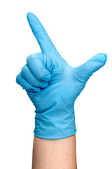 Hand in blue latex glove showing two fingers vertically