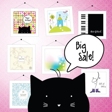 Big spring sale. Greeting cards. Background template. Design elements. Pictures. Gallery.