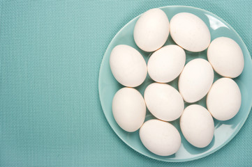 white raw uncooked eggs in aquamarine bowl over aquamarine green blue background with copy space 