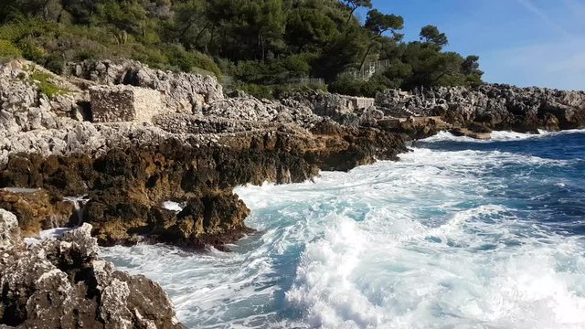 Big Sea Waves Crashing Into Rocks And Exploding