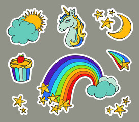 Obraz na płótnie Canvas Cute magic set with unicorn, cake, rainbow, sun, moon, clouds and stars. Vector illustration isolated on grey background. Collection of stickers in cartoon doodle style for kids