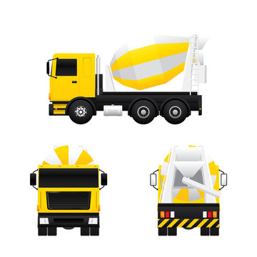 Vector of cement mixer truck in different views isolated on white background.