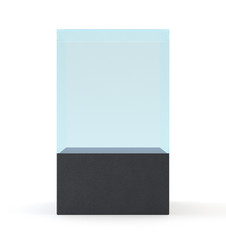 3d Empty glass showcase for exhibit. gray background