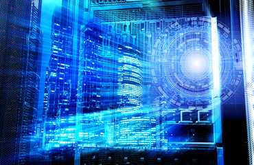 concept of information technology, business buildings, the metropolis and technological background