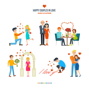 Concept illustration - happy couples in variety of settings and situations