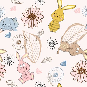 Vector seamless pattern with bunny and flowers