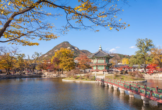 lake with blue sky at gyeongbokgung palace, Seoul, South Korea.