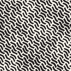 Hand Drawn Scattered Wavy Lines Monochrome Texture. Vector Seamless Black and White Pattern
