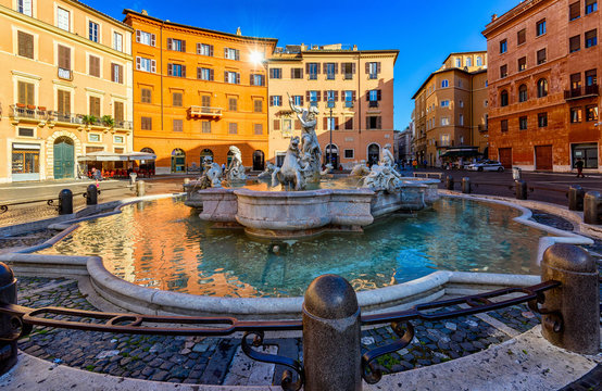 The Fountain of Neptune on Piazza Navona in Rome, Italy.