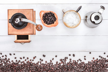 Top View of Vintage Coffee Gallery Set on White Wooden Background