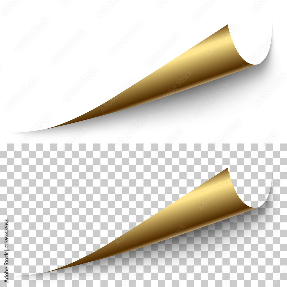 Aufkleber vector realistic golden foil corner with shadow on transparent background. 3d page corner curled. bl