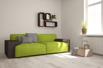 White modern room with sofa. Scandinavian interior design. 3D illustration