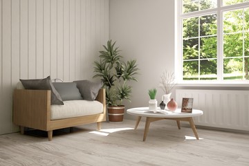 White room with armchair and green landscape in window. Scandinavian interior design. 3D illustration