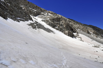 Snow covered alpine landscape in mountainous avalanche terrain on Colorado 14er Little Bear Peak, terrain sensitive to climate change, Sangre de Cristo Range, Rocky Mountains, Colorado USA