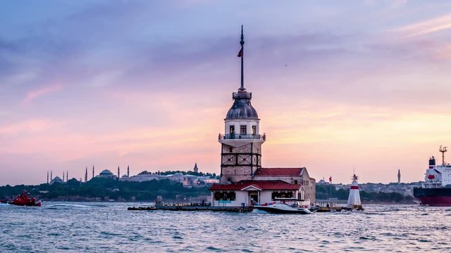 The Maiden's Tower also known as Leander's Tower, Istanbul, Turkey. Day to night timelapse video transition.