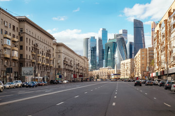 Landscape of Moscow architecture combining modern and old parts of city, Russia. Outdoor...