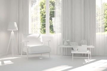 White room with armchair and green landscape in window. Scandinavian interior design. 3D illustration