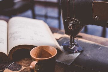 old sewing machine and books