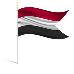 The national flag of Yemen on a pole. The wavy fabric. The sign and symbol of the country. Realistic vector.