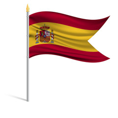 The national flag of Spain on a pole. The wavy fabric. The sign and symbol of the country. Realistic vector.