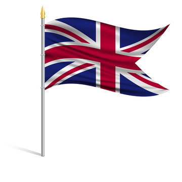 The national flag of Great Britain on a pole. The wavy fabric. The sign and symbol of the country. Realistic vector.