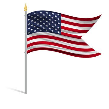 The national flag of USA on a pole. The wavy fabric. The sign and symbol of the country. Realistic vector.