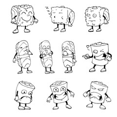 A set of characters sushi. Sketch. Collection of beautiful icons of Japanese and Oriental cuisine. Vector isolated image.