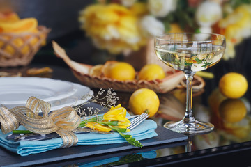 Table place setting with holidays decoration.