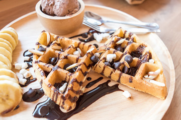 delicious sweet dessert : homemade waffle with chocolate sauce
