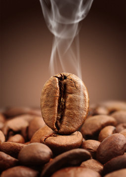 Macro coffee bean with smoke on brown background