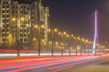 The night view of Heydar Aliev avenue in Baku, Azerbaijan, light trails of road trafic