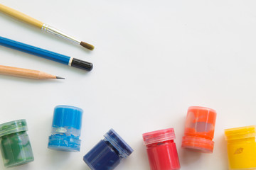 Paintbrush,watercolor,pencil on white paper and working space for text message.