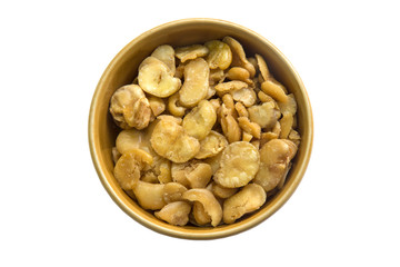 Salted broad beans in bowl isolated on white background.